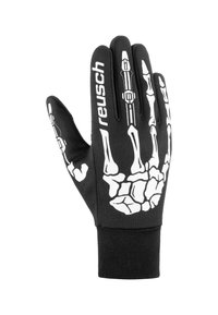 Guantes negros con diseño de mano de esqueleto blanca, hechos de material elástico, con un ajuste ceñido y puño acanalado para mayor comodidad.