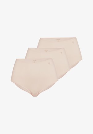 Trois slips sans couture taille haute couleur chair, disposés en pile décalée, chacun avec un petit logo floral sur la ceinture.