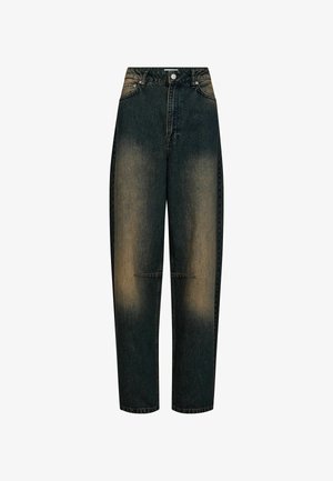 Donkerdenim jeans met een vervaagde wassing, rechte pijpen en zichtbare stiksels. Heeft een hoge taille en voorzakken. Zilveren knoopsluiting.