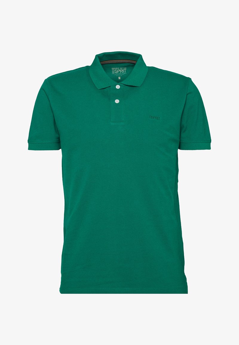 Polo vert à manches courtes avec deux boutons blancs et un petit logo de marque brodé sur la poitrine.