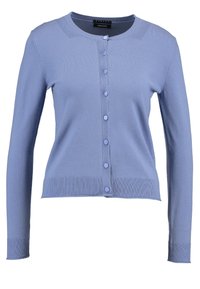 Světlě modrý kardigan s dlouhými rukávy, žebrovaným lemováním a manžetami, pěti knoflíky vpředu, hladkou pletenou texturou a kulatým výstřihem.