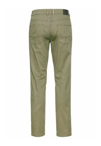 Olijfgroene broek van een katoenmix met een relaxte pasvorm, voorzien van twee achterzakken en subtiele stikdetails.
