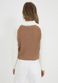 Bruine en crèmekleurige geribbelde gebreide trui met een opstaande kraag en contrasterende mouwkleuren, met een cropped ontwerp en textuurstof.