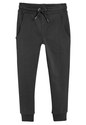 Sorte joggingbukser med elastisk talje, snøre, sidelommer og ribbet kant ved anklerne.