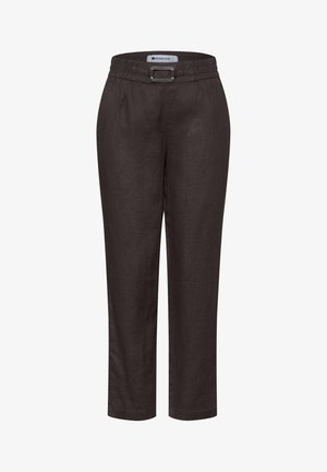 Pantalon droit marron foncé avec une ceinture élastique et un détail boucle à l'avant, fabriqué dans un tissu semblable au lin.