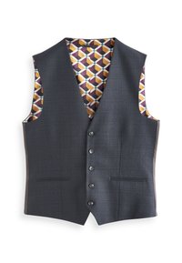 Gilet gris avec un motif texturé à carreaux, comportant cinq boutons, deux poches et une doublure à motifs géométriques colorés.