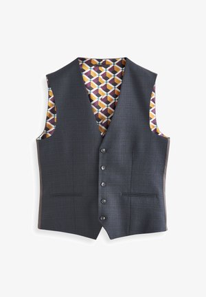 Šedá vesta s texturovaným kostkovaným vzorem, se z pěti knoflíky, dvěma kapsami a barevným geometrickým podšívkou.