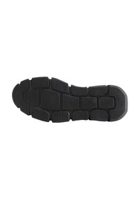 Talpa de pantof din cauciuc negru cu tipare de profil variate, inclusiv dreptunghiuri ridicate și caneluri pentru tracțiune și prindere. Design cu vârf rotunjit.