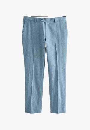 Světle modré kalhoty se slim fit střihem, mají plochý přední díl, boční kapsy a jemnou texturu. Zapínání na jeden knoflík v pase.