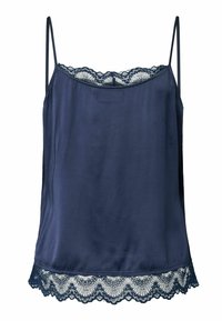 Granatowy satynowy top na ramiączkach z regulacją, ozdobiony koronkową falbanką wzdłuż dekoltu i dołu, o gładkiej fakturze i luźnym kroju.