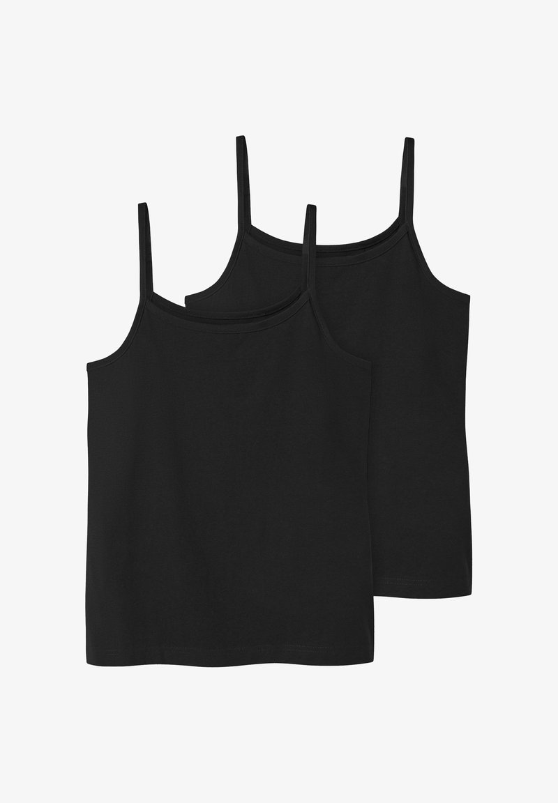 Twee zwarte katoenen hemdjes met dunne bandjes en een ronde halslijn, met een gladde textuur en een eenvoudig ontwerp.