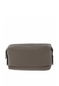 Trousse de maquillage en cuir gris avec une finition texturée, de forme rectangulaire, et une fermeture éclair. Dispose de deux fermetures éclair de chaque côté.