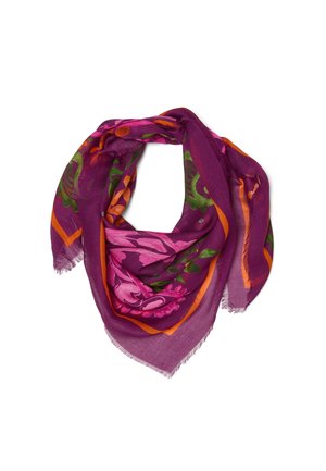 Purple scarf with pink, green, and orange floral patterns, fringed edges, arranged in a loose loop on a white background.