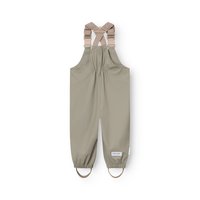 Salopette impermeabili per bambini di colore verde oliva con bretelle beige regolabili e cinturini elastici alle caviglie, perfette per l'uso all'aperto.