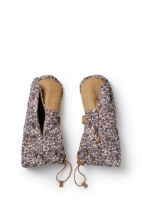 Blommiga vantar med brunt läderdetalj och dragkedja. Har ett flerfärgat blommönster och justerbart snöre. Mjuk tygtextur.