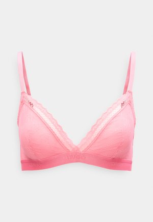 Ροζ δαντελένιο τρίγωνο bralette με ρυθμιζόμενους ιμάντες και ελαστική ζώνη, με διακριτικά λουλουδένια σχέδια και δαντελένιο τελείωμα με κυματιστές άκρες.