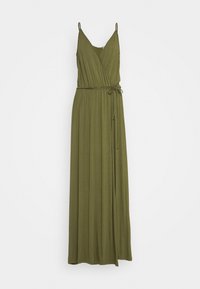 Long, olive green wrap dress with thin straps, gathered waistline, and a tie closure. Made of soft, flowing fabric with a smooth texture.