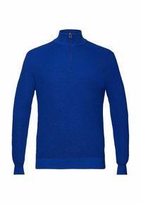 Pull tricoté bleu à manches longues avec col zippé au quart, ourlet droit et poignets côtelés.
