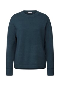 Dunkelblauer Strickpullover mit rundem Halsausschnitt, gerippten Bündchen und Saum. Besitzt ein strukturiertes Muster im gesamten Stoff.