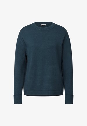 Tmavě tyrkysový pletený svetr s kulatým výstřihem, žebrovanými rukávy a spodním lemem. Vyniká texturovaným vzorem po celém materiálu.