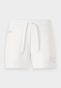Bermudas deportivas blancas con cintura elástica, cordón y detalles de logotipo metálico. Fabricadas con una tela suave de textura lisa.