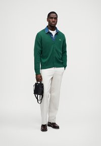 Πράσινη ζακέτα πάνω από ένα πουκάμισο από τζιν, κρεμ παντελόνια και καφέ παπούτσια. Περιλαμβάνει μια μικρή μαύρη τσάντα. Διαθέτει κουμπωτό σχέδιο και λεπτομέρεια με λογότυπο.