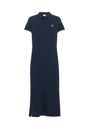 Abito polo della marina in cotone, con pattina bottoni, maniche corte con accenti bianchi e una fessura laterale per facilitare i movimenti.