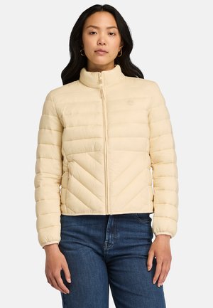 Lichtgele pufferjack met een hoge kraag, rits aan de voorkant en een diagonale quiltpatroon. Heeft aansluitende manchetten en een cropped ontwerp.