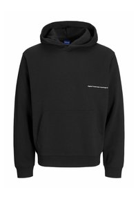 Sort hætteSweater lavet af bomuld, med en frontlomme, lange ærmer og hætte med snøring. Har en lille hvid tekstlogo på brystet.