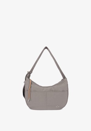 Sac épaule gris avec un accent tressé sur le côté, une bandoulière unique et un petit emblème métallique en forme de cœur dans le coin inférieur droit.