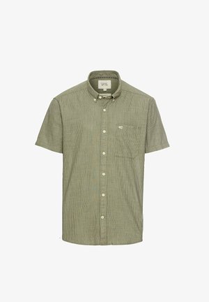 Short-sleeve collared shirt in olive green, textured fabric with vertical stripes, one chest pocket, and button closure.