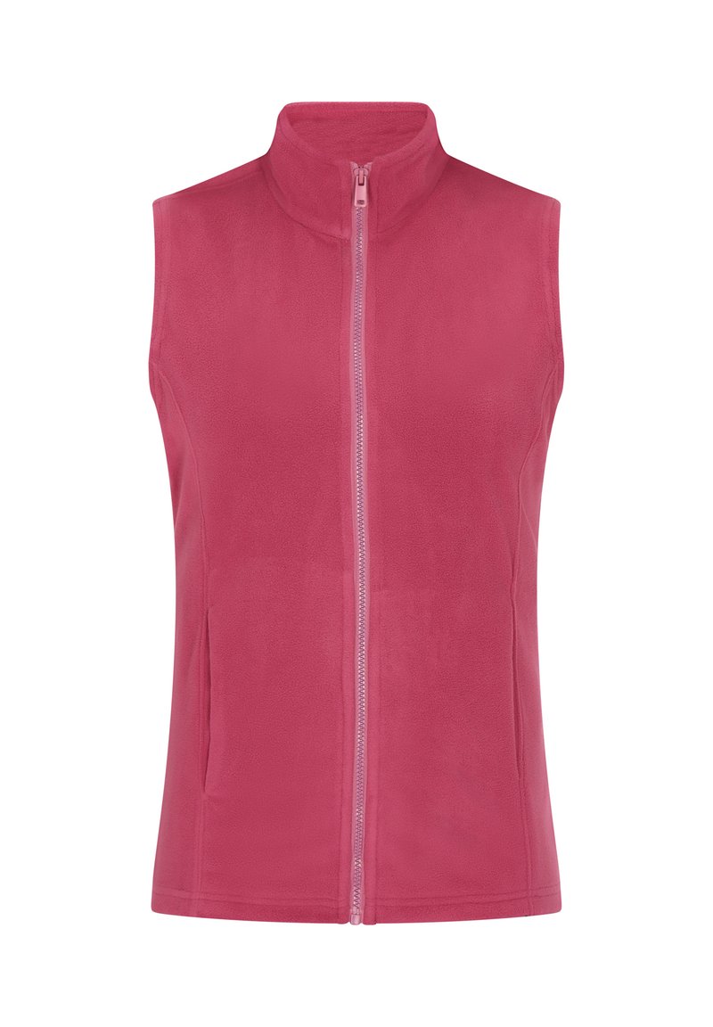 Gilet in pile di un vivace colore rosa con colletto alto, zip frontale e due tasche laterali. Tessuto liscio e design senza maniche.