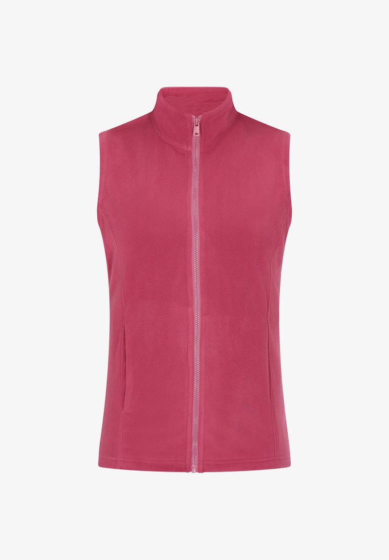 Fleece-Weste in leuchtendem Pink mit hohem Kragen, Frontreißverschluss und zwei Seitentaschen. Glatte Textur und ärmelloses Design.
