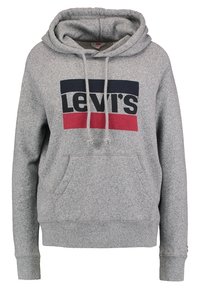 Grå huvtröja med en framficka. Har en stor Levi's-logotyp i svart, marinblått och röd över bröstet. Mjuk material, ribbade ärmslut.