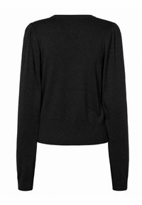 Pull noir à manches longues avec un ourlet côtelé et des épaules légèrement bouffantes, vu de dos sur fond blanc.