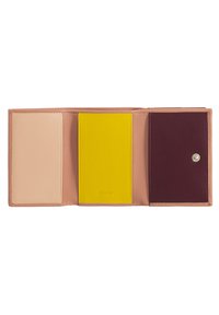 Leather wallet in soft pink, featuring three cardholders: one yellow, one burgundy, and one beige. Smooth texture with snap closure detail.