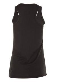 Schwarzes ärmelloses Tanktop mit einer weichen, glatten Textur. Verfügt über breite Armausschnitte und einen runden Ausschnitt. Einfaches Design ohne Muster oder Akzente.