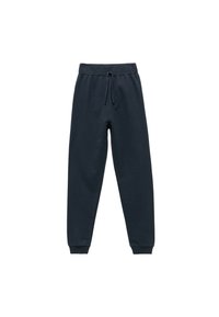 Mørkeblå træningsbukser med snor i livet, manchetter ved anklerne og blødt bomuldsstof. Minimalistisk design uden synlige mønstre.