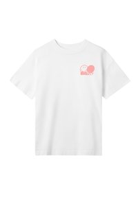 Weißes Baumwoll-T-Shirt mit kurzen Ärmeln. Besitzt ein kleines pinkes Grafikdesign mit zwei lächelnden Gesichtern auf der linken Brust. Klassischer Rundhalsausschnitt.