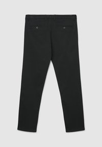 Pantaloni di cotone neri con design a gamba dritta, dotati di due tasche posteriori con bottoni e una texture pulita e liscia.