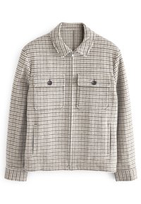 Houndstooth-mønstret jakke i grå og beige, med lynlås foran, to brystlommer med knapper og krave.