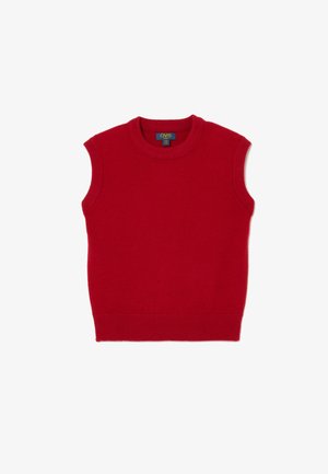 Roter ärmelloser Pullover aus Strickstoff, mit rundem Ausschnitt, geripptem Saum und glatter Oberfläche ohne Muster oder Verzierungen.