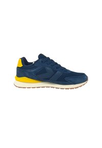 Scarpa da ginnastica blu navy realizzata in materiali scamosciati e in rete, con dettagli gialli, una suola intermedia bianca e una suola di gomma. Design classico delle sneaker.