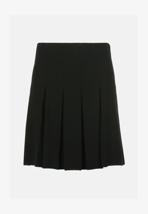 Jupe plissée noire en tissu texturé. Dotée d'une taille ajustée et d'une série de plis réguliers et symétriques pour faciliter les mouvements.