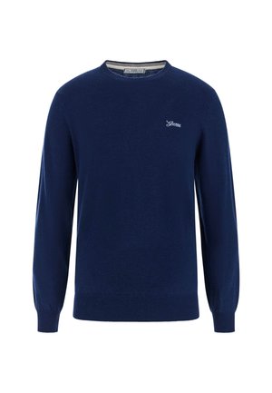 Tumedast sinine kudum, millel on pikad varrukad, ümar kaelus, soonikommikud ja alumine äär, väikese tikitud logoga rinnal.