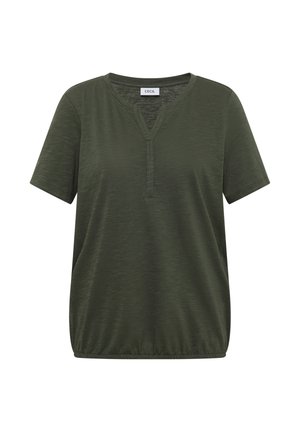 Dunkelgrüne Bluse mit kurzen Ärmeln, rundem Schlitz-Ausschnitt und elastischem Saum, gefertigt aus leichtem, strukturiertem Stoff.