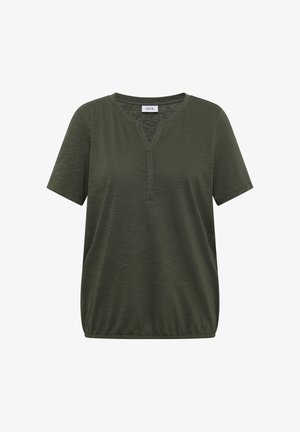 Blusa de manga corta verde oscuro con escote redondo partido y dobladillo elástico, hecha de tela ligera y texturizada.