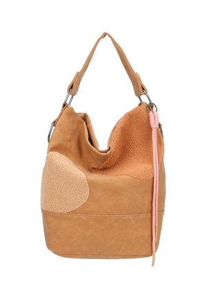 Brown suede and textured leather shoulder bag with a single strap and pink braided drawstring detail on white background.
