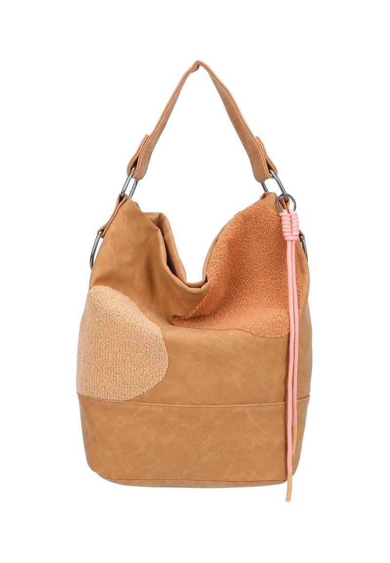 Borsa a tracolla in suede marrone e pelle testurizzata con una sola tracolla e dettaglio in corda intrecciata rosa su sfondo bianco.