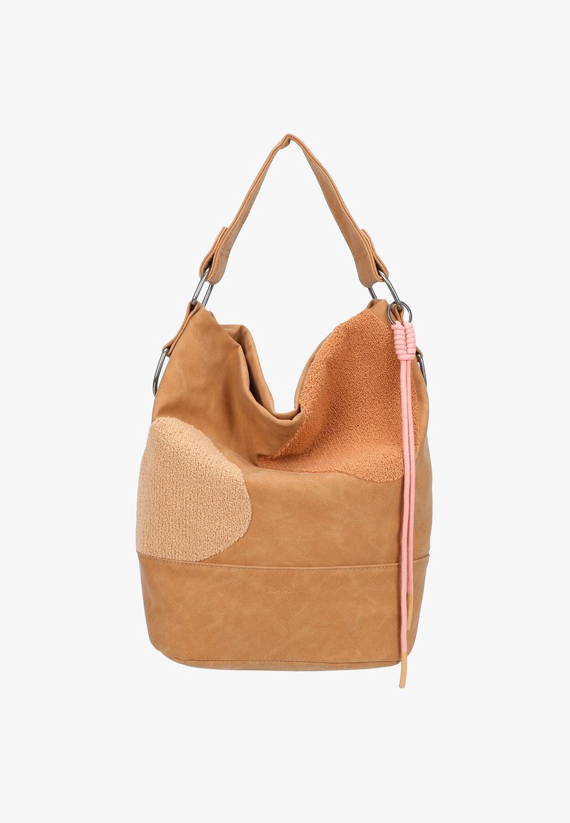 Borsa a tracolla in suede marrone e pelle testurizzata con una sola tracolla e dettaglio in corda intrecciata rosa su sfondo bianco.